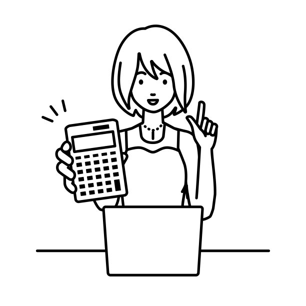 一个穿着裙子的女人，面带微笑地推荐、提议、展示估价并指着计算器图片下载