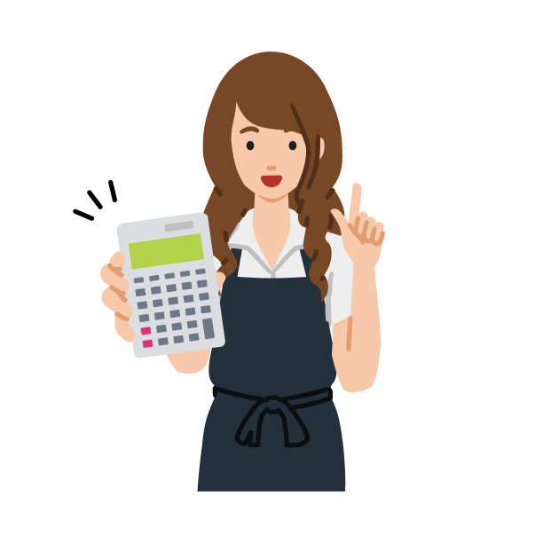 一个穿着咖啡馆围裙的女人面带微笑地推荐、提议、展示估价并指着计算器图片下载