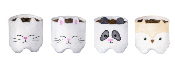 一套可爱动物造型的陶瓷花盆。斯堪的纳维亚风格，波西米亚风格。为卡片，标志，广告等设计的水彩元素的集合。图片下载