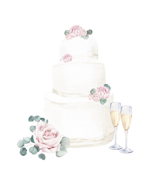 水彩画配香槟和婚礼蛋糕图片下载
