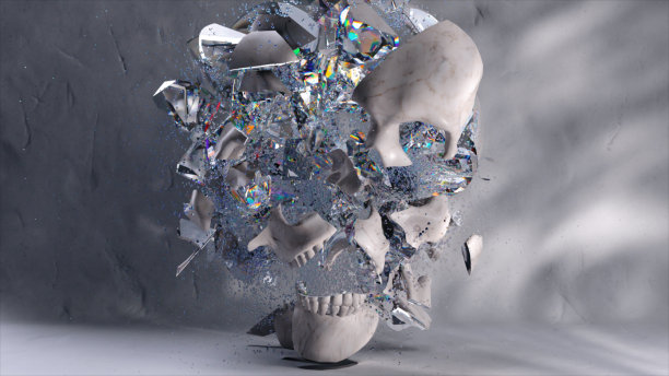 抽象的概念。白色的头骨碎成了许多钻石碎片。缓慢的运动。白色背景。图片下载