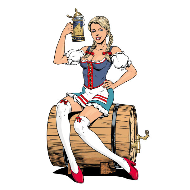女服务员穿着传统的巴伐利亚紧身连衣裙，坐在一个啤酒桶上，手里拿着一个啤酒杯。别针样式矢量插图。图片下载
