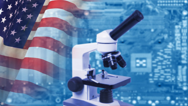 美国国旗背景下的科研理念。三维演示图片下载
