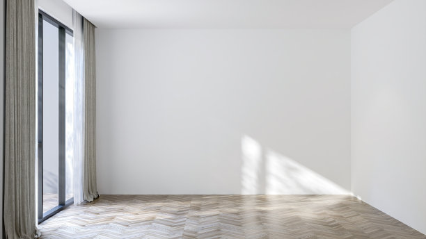 现代空房间乳白色的墙壁，半透明的窗帘，自然光。影子落在木地板上。三维渲染图片下载