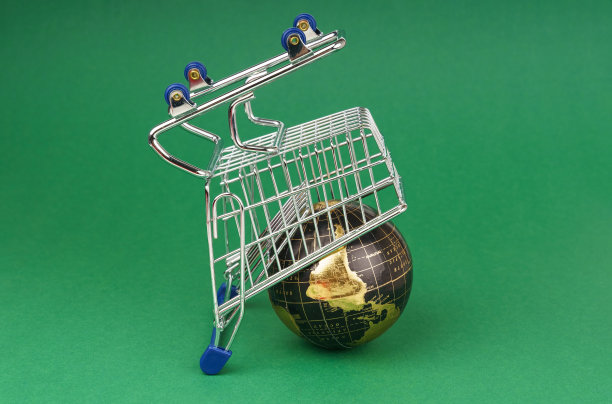 一个黑色的地球仪被装在绿色背景上的一个倒置的篮子里。图片下载