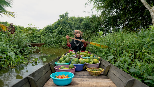 南加里曼丹，水上市场的卖主划船到乐班丹水上市场图片下载