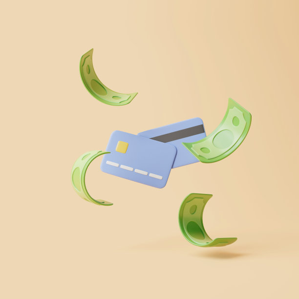 带有绿色美元钞票的信用卡漂浮在柔和的米色背景上图片下载