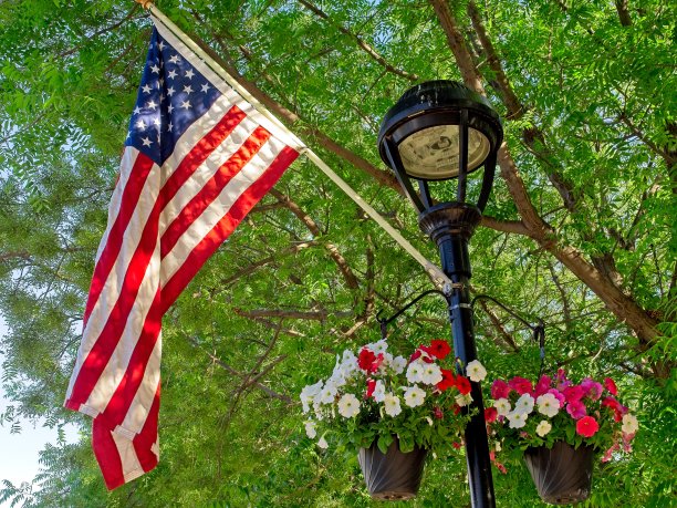 美国国旗飘扬在新墨西哥州梅西拉古城的灯柱上图片下载