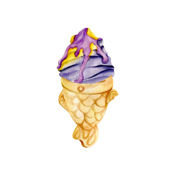 Taiyaky甜点冰淇淋。紫色五颜六色的鱼蛋饼冰淇淋。水彩插图图片下载