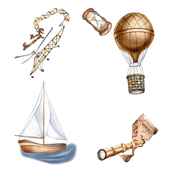 框架的冒险项目，船舶水彩插图孤立的白色。指南针，望远镜，帆船，热气球，飞机手绘。孩子气的设计，男孩明信片复古风格，邀请图片下载