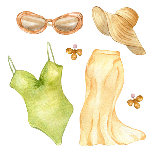 一套女子的夏季服装水彩插图孤立的白色。沙滩风格的泳衣，草帽和裙子都是手绘的。设计商店，销售，杂志，包装，展示，图案图片下载