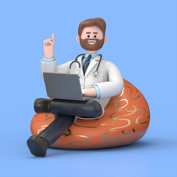 男医生艾弗森的3D插图与笔记本电脑在紫色豆袋扶手椅。在蓝色背景上隔离的医学演示剪贴画图片下载
