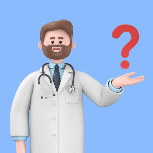 男医生艾弗森思考的三维插图带有问号，寻找解决方案，决策和问题的概念。在蓝色背景上隔离的医学演示剪贴画图片下载
