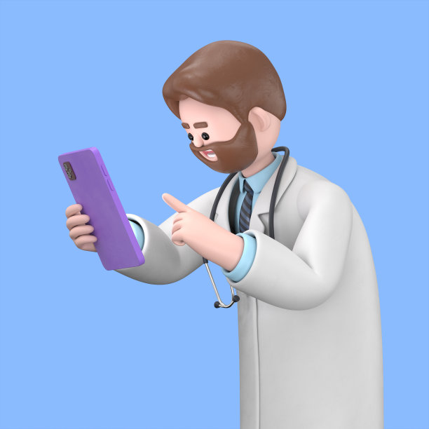 男医生艾弗森使用智能手机的3D插图。在蓝色背景上隔离的医学演示剪贴画图片下载