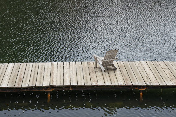 木码头上的阿迪朗达克椅子俯瞰着平静的湖面。图片下载