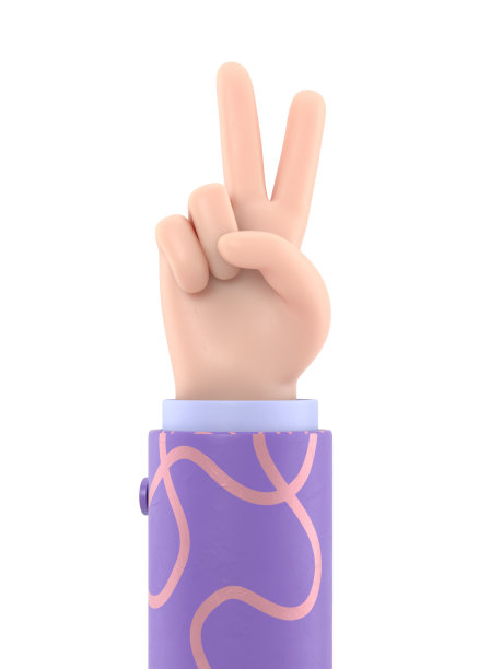 卡通手势图标样机，双指社交图标，卡通人物手部胜利姿势，3D渲染白色背景图片下载