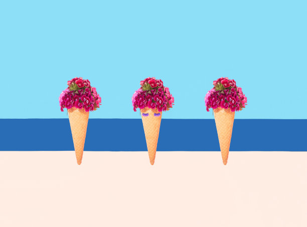 极具创意的花卉概念冰淇淋，乐趣，海滩，派对，游行，度假。图片下载