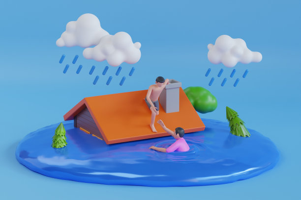 3D洪水在城镇，自然灾害与雨水在农村地区与淹没的建筑物。洪水自然灾害与房屋，暴雨和风暴，破坏与家庭，洪水在城市。图片下载