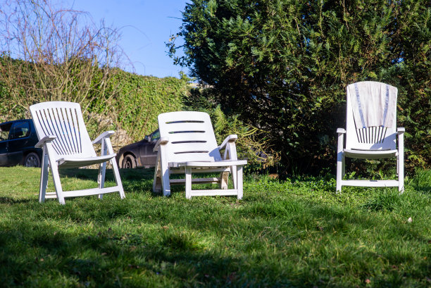 房子院子里草地上的空太阳躺椅。在绿树附近放松的地方。放松。图片下载