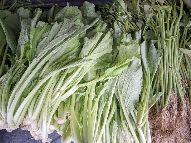 传统市场的货架上陈列着各式各样的绿色蔬菜图片下载