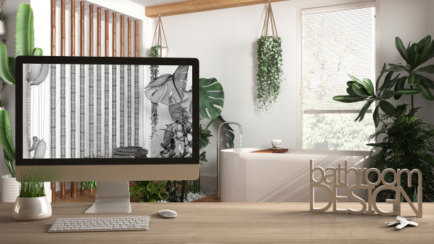 建筑师设计项目概念，带钥匙的木桌，3D字母字浴室设计及桌面展示稿，背景图纸CAD草图，室内设计图片下载