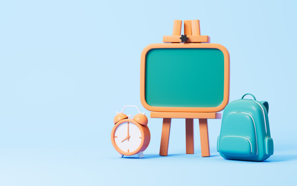 蓝色背景上的卡通书包和黑板，3d渲染。图片下载