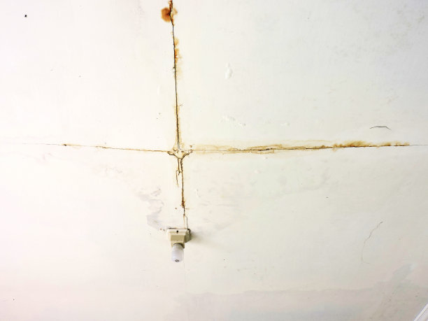 大雨导致天花板潮湿，屋顶漏水，墙壁潮湿。房子的天花板上有大的湿点和裂缝。图片下载