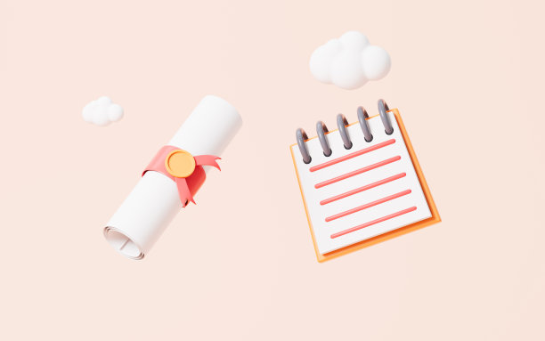 卡通卷轴和记事本在粉红色的背景，3d渲染。图片下载
