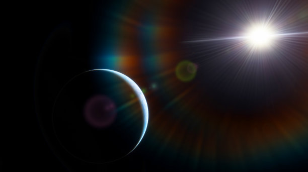 从太空看地球的黎明日落。轮廓地球在太阳光线对背景的空间恒星和星系3D渲染图片下载