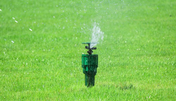 自动草坪洒水器浇灌绿草。图片下载