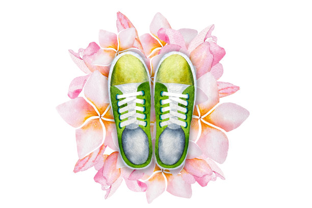 水彩插图一束锦鸡花和绿色胶鞋，锦鸡花和胶鞋。图片下载