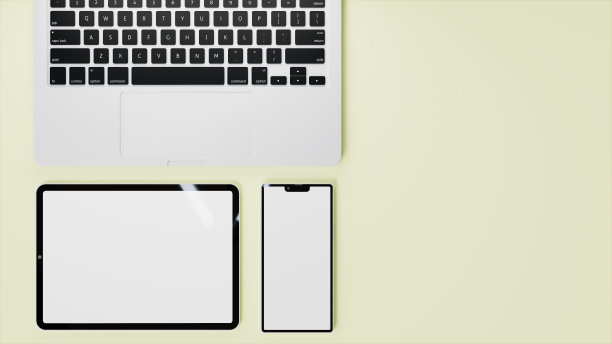 平板电脑、手机、笔记本电脑键盘和触摸板在绿色桌面上的3d渲染，俯视图图片下载