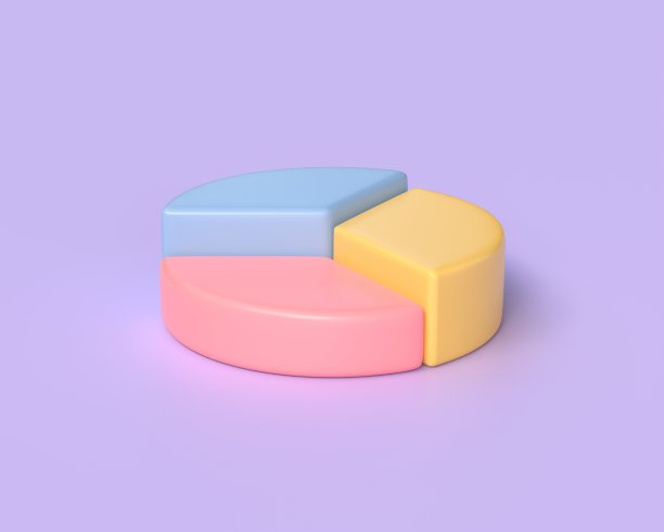 三维饼图图标与三个部门的卡通风格。插图孤立的紫色背景。三维渲染图片下载