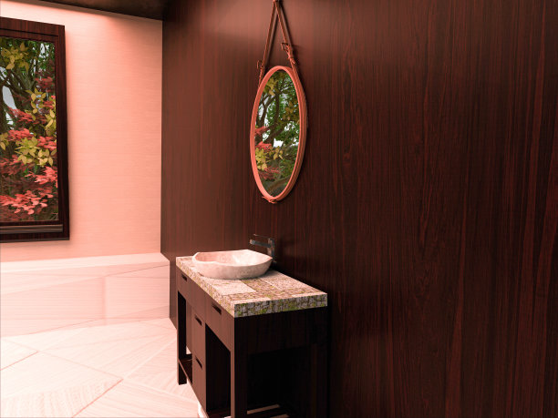 浴室内部采用红木橱柜和卵石石，皮革织物圆形镜子，红木墙壁和花园景观窗。图片下载