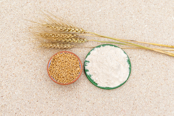 软木纸板背景上的小麦、面粉和麦穗图片下载