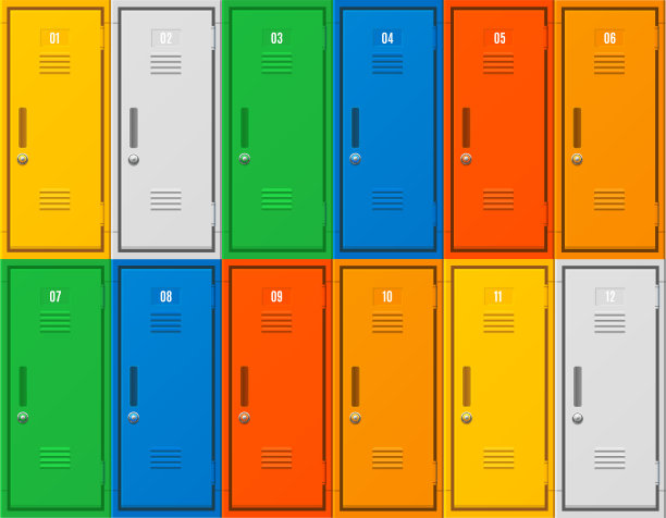 逼真的详细3d学校体育馆储物柜或健身盒集。向量图片下载