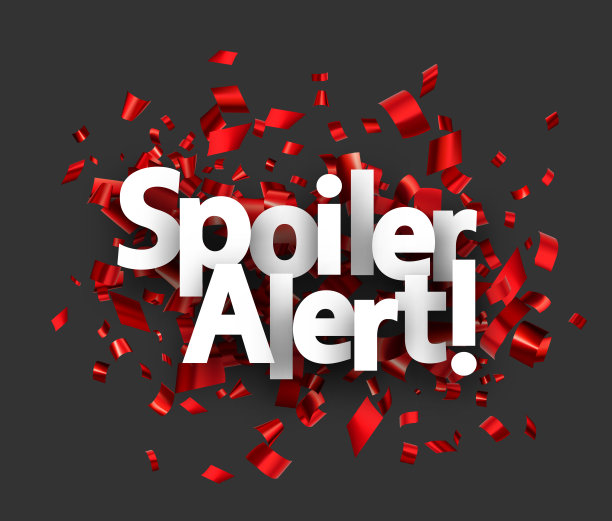 剧透警报标志在红色切割箔丝带五彩纸屑背景。图片下载