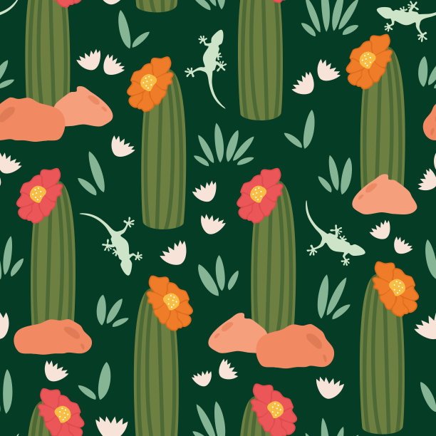 可爱的彩色无缝矢量图案插图与仙人掌，花和蜥蜴在深绿色的背景图片下载