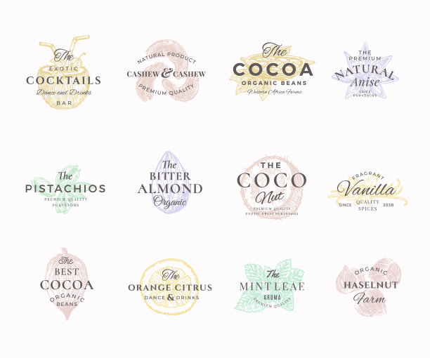 优质坚果，水果和香料优雅的标签集。抽象矢量标志，符号或徽章模板。手绘食物草图与复古排版。复古豪华徽章。图片下载