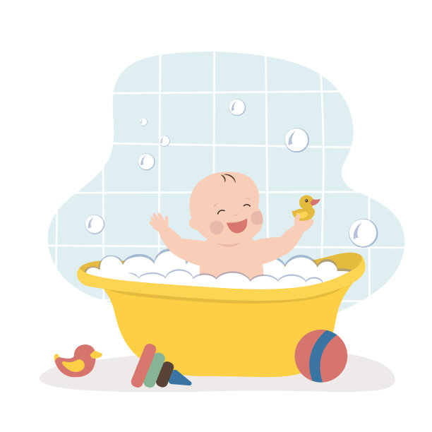 白人婴儿在婴儿浴盆里洗澡。有趣的婴儿沐浴在泡沫和玩具。卫生，保持清洁和健康的日常习惯。浴室内。图片下载