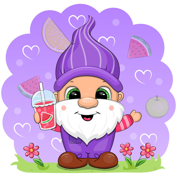 穿着紫色衣服手捧西瓜汁的可爱卡通小矮人图片下载