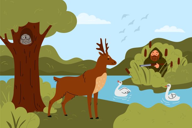 卡通狩猎背景。穿着雨衣，拿着枪的猎人躲在芦苇丛里。男人跟踪猎物。森林里的鹿。猫头鹰和湖鹅。野生动物。洪博培休闲。格里什矢量概念图片下载