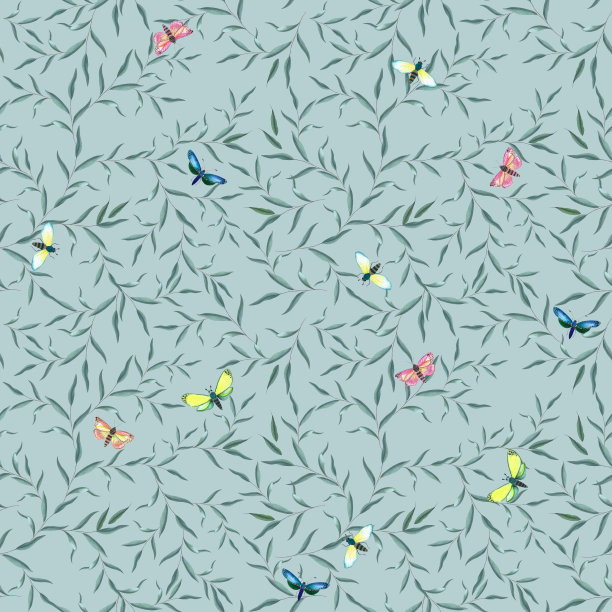 树叶、蝴蝶和飞蛾。无缝花卉背景。用于纺织品、包装设计的水彩插画。图片下载