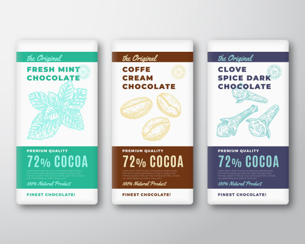 原来最好的巧克力抽象向量包装设计标签集。现代排版和手绘薄荷和咖啡豆丁香香料素描剪影背景布局。图片下载