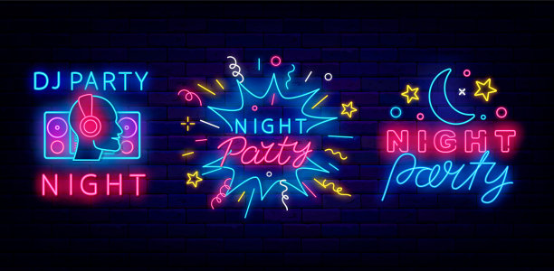 音乐之夜霓虹标签收藏。Dj黄昏活动。飞行性能。发光的广告。矢量图图片下载