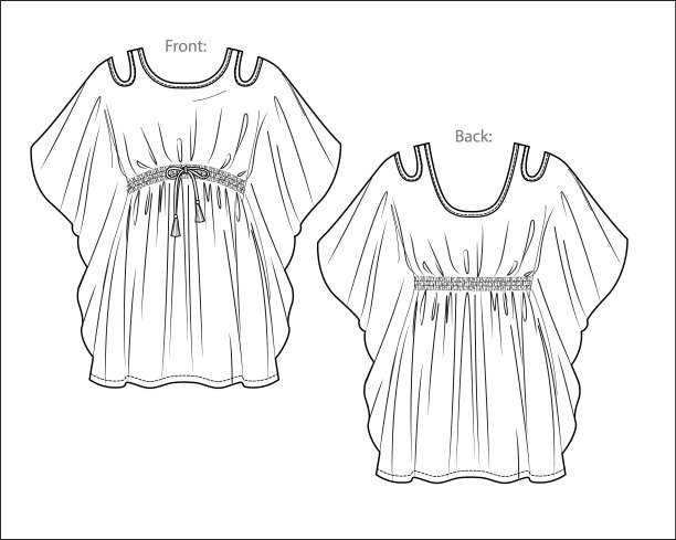 矢量短袖圆领迷你裙技术图纸，带褶边的女式长衫裙细节时尚CAD，草图，模板，平面。针织或机织物连衣裙，正面，背面，白色图片下载