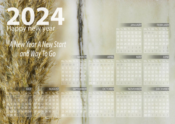 金色芦苇大理石背景与2024年日历图片下载