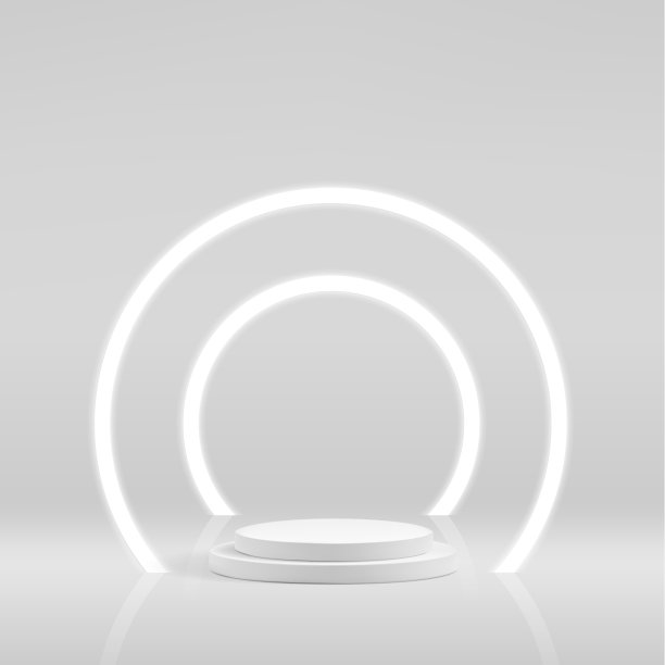 颁奖典礼的白色3d领奖台场景。用于奖品或产品展示的几何底座。圆灯线或环形灯。图片下载