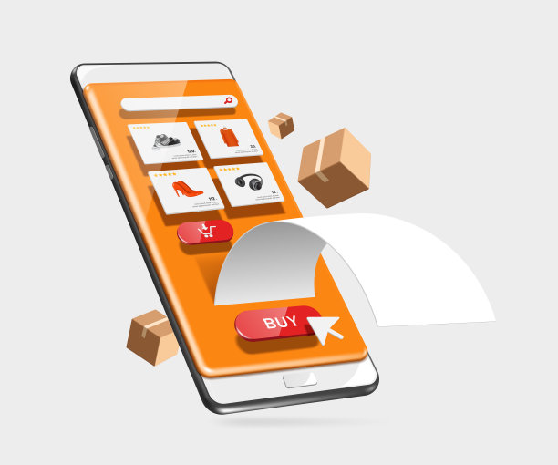 模板或模型，如产品植入，包裹盒或纸箱，购买图标，添加到篮子图标，纸质收据都显示在智能手机屏幕上图片下载