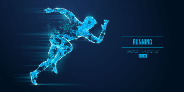 从三角形和粒子在蓝色背景上跑步运动员的抽象线框轮廓。跑步者正在跑短跑或马拉松。矢量图图片下载